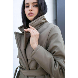 Army Green Double Breasted Parkas Women Fashion Tie Belt Coats Women Elegant Turn Down Collar Cotton Jackets Female Ladies