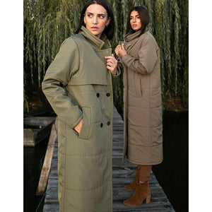 Army Green Double Breasted Parkas Women Fashion Tie Belt Coats Women Elegant Turn Down Collar Cotton Jackets Female Ladies