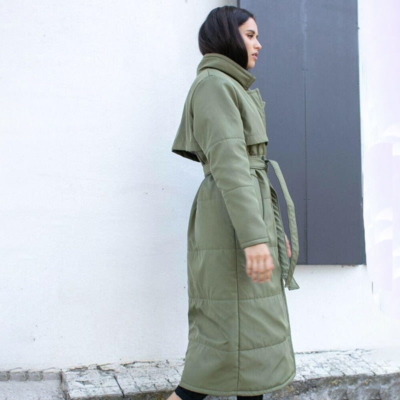 Army Green Double Breasted Parkas Women Fashion Tie Belt Coats Women Elegant Turn Down Collar Cotton Jackets Female Ladies