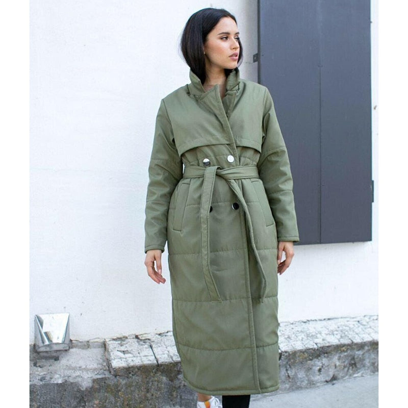 Army Green Double Breasted Parkas Women Fashion Tie Belt Coats Women Elegant Turn Down Collar Cotton Jackets Female Ladies