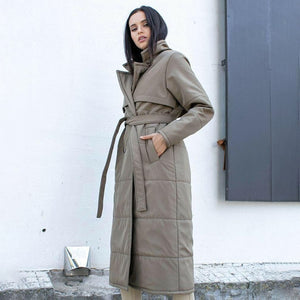 Army Green Double Breasted Parkas Women Fashion Tie Belt Coats Women Elegant Turn Down Collar Cotton Jackets Female Ladies