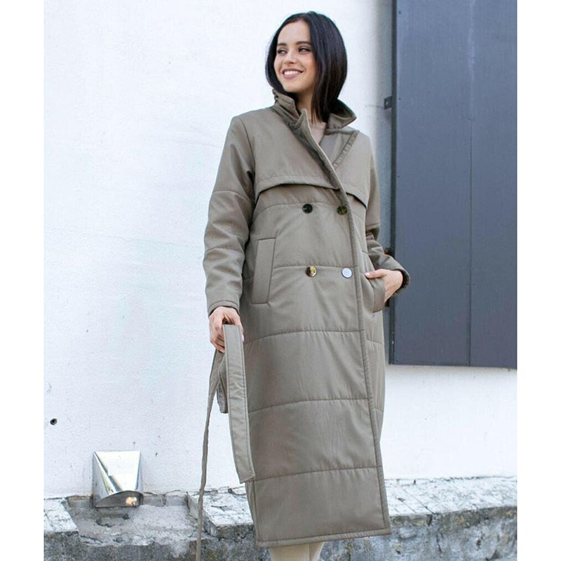 Army Green Double Breasted Parkas Women Fashion Tie Belt Coats Women Elegant Turn Down Collar Cotton Jackets Female Ladies