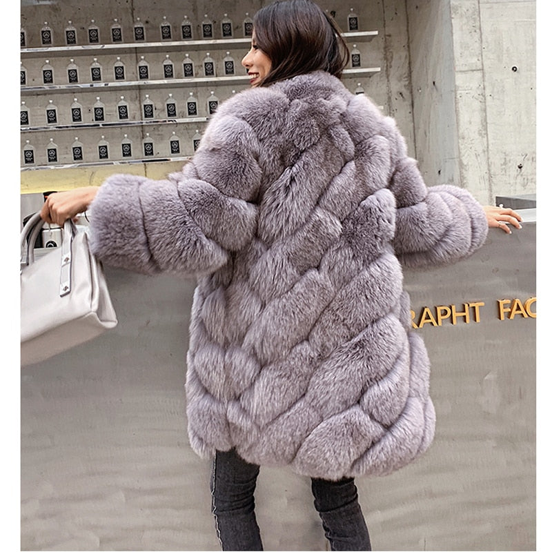 Artificial Fox Fur Coat Women Fashion Pockets Faux Fox Fur Jackets Women Casual Covered Button Jackets Female Ladies CP106