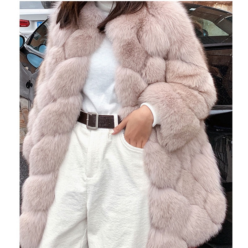 Artificial Fox Fur Coat Women Fashion Pockets Faux Fox Fur Jackets Women Casual Covered Button Jackets Female Ladies CP106