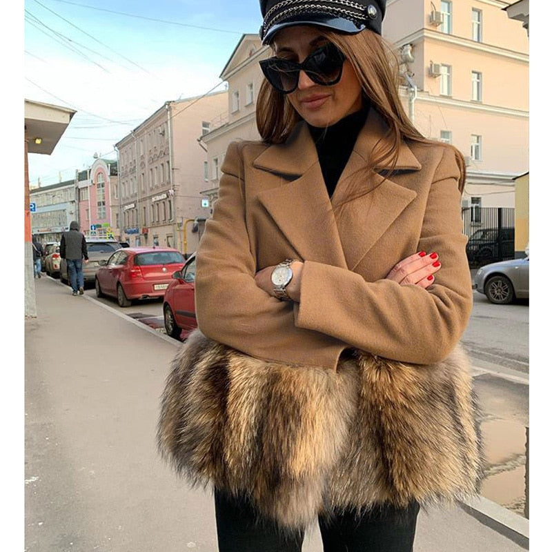 Autumn Notched Faux Fox Fur Jackets Women Fashion Short Slim Wool Coats Women Elegant Patchwork Solid Coats Female Ladies