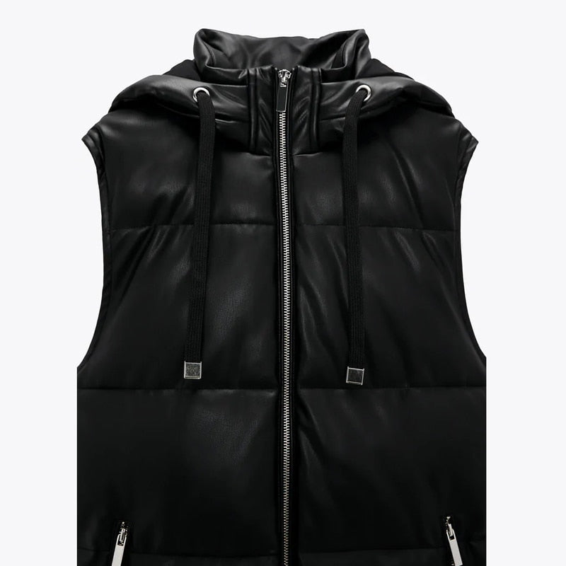 Autumn Solid Hooded Vests Women Fashion Zipper Black PU Leather Coats Women Elegant A Line Long Vests Female Ladies