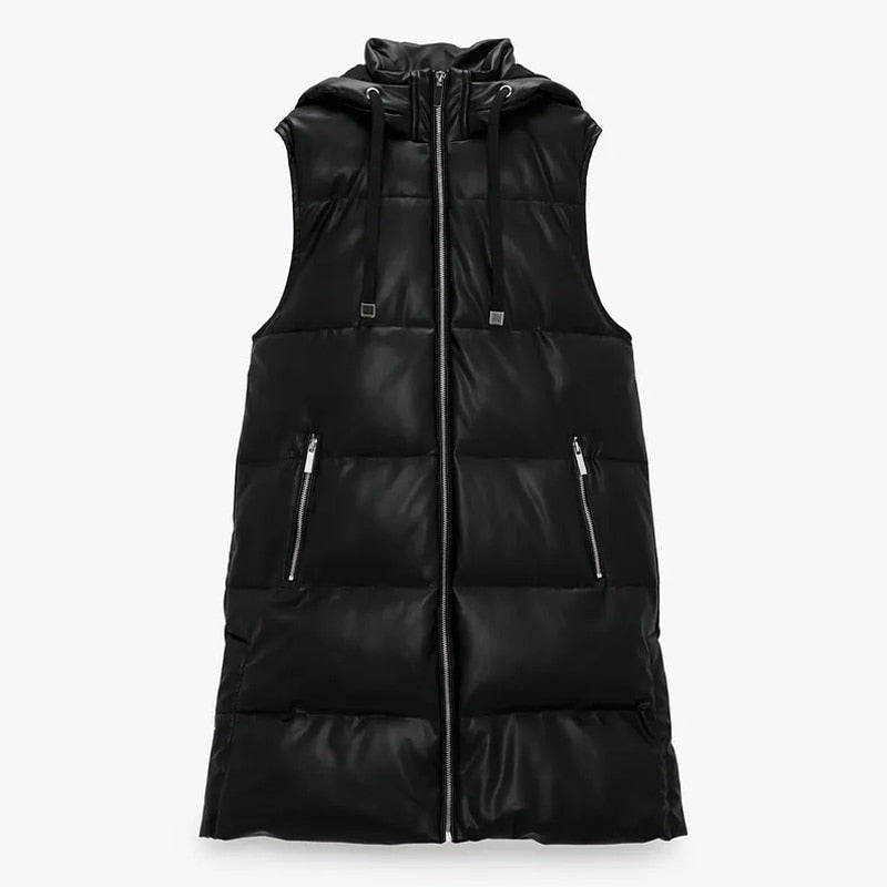 Autumn Solid Hooded Vests Women Fashion Zipper Black PU Leather Coats Women Elegant A Line Long Vests Female Ladies