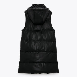 Autumn Solid Hooded Vests Women Fashion Zipper Black PU Leather Coats Women Elegant A Line Long Vests Female Ladies