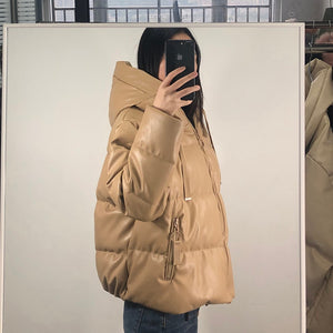 Casual Hooded PU Leather Parkas Women Fashion Solid Zipper Coats Women Elegant Simple Loose Cotton Jackets Female Ladies