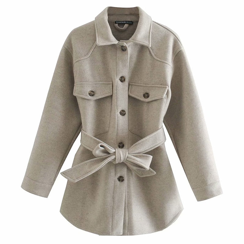 Casual Turn Down Collar Jackets Women Fashion Gray Pockets Coats Women Elegant Tie Belt Waist Jackets Female Ladies