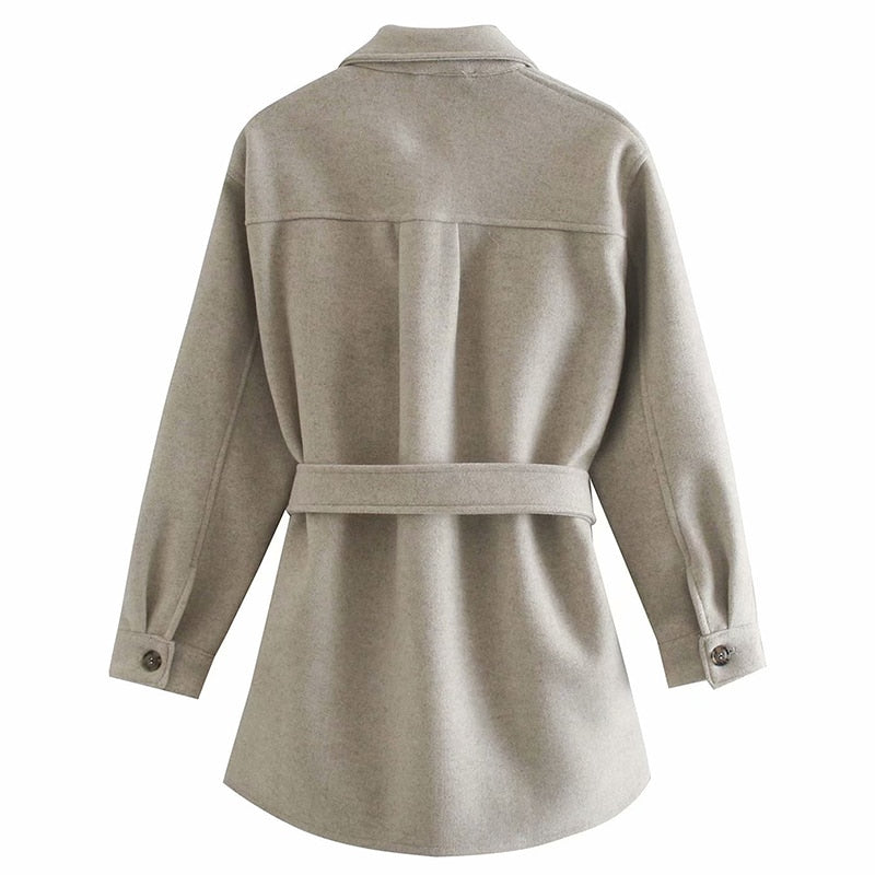 Casual Turn Down Collar Jackets Women Fashion Gray Pockets Coats Women Elegant Tie Belt Waist Jackets Female Ladies