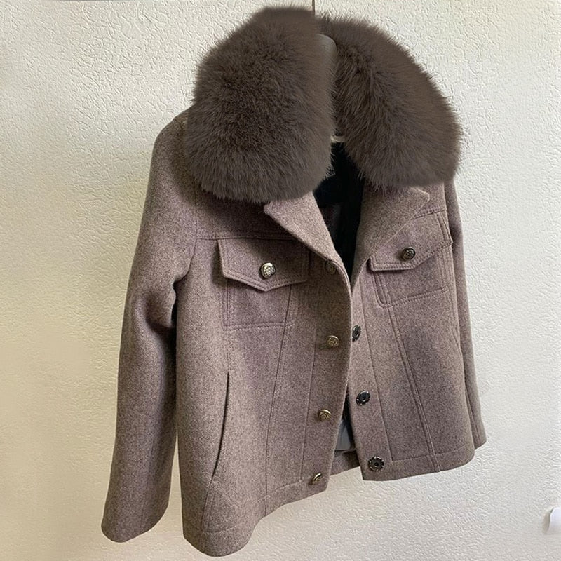 Faux Fur Collar Jackets Women Fashion Pockets Wool Coats Women Elegant Single Breasted Short Jackets Female Ladies