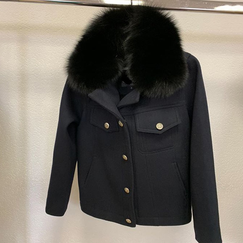 Faux Fur Collar Jackets Women Fashion Pockets Wool Coats Women Elegant Single Breasted Short Jackets Female Ladies