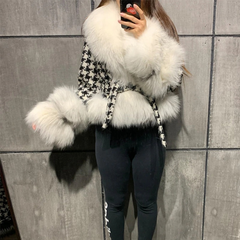 Faux Fur Collar Jackets Women Fashion Tie Belt Waist Houndstooth Coats Women Elegant Slim Short Jackets Female Ladies