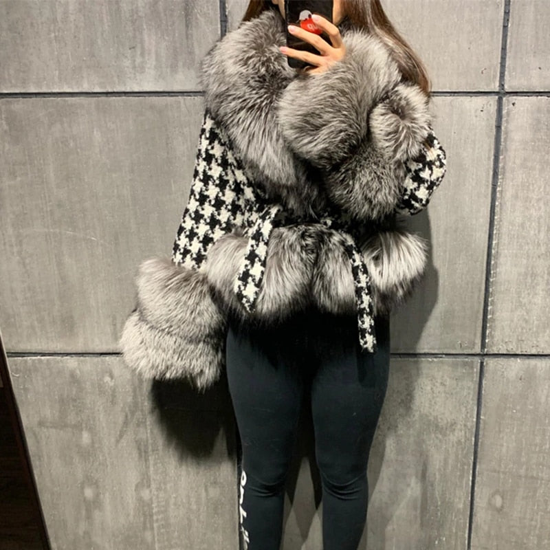 Faux Fur Collar Jackets Women Fashion Tie Belt Waist Houndstooth Coats Women Elegant Slim Short Jackets Female Ladies