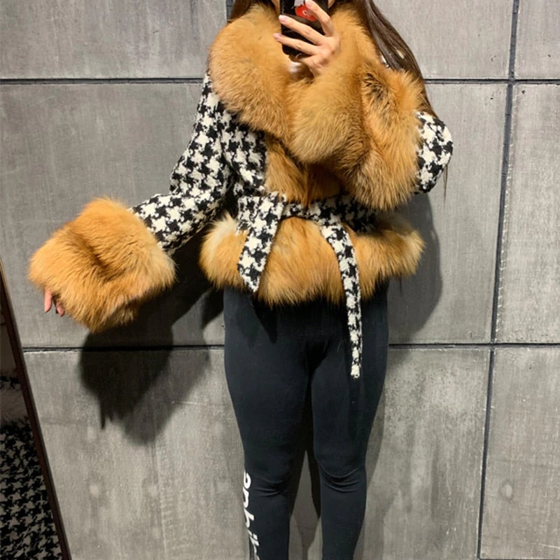 Faux Fur Collar Jackets Women Fashion Tie Belt Waist Houndstooth Coats Women Elegant Slim Short Jackets Female Ladies