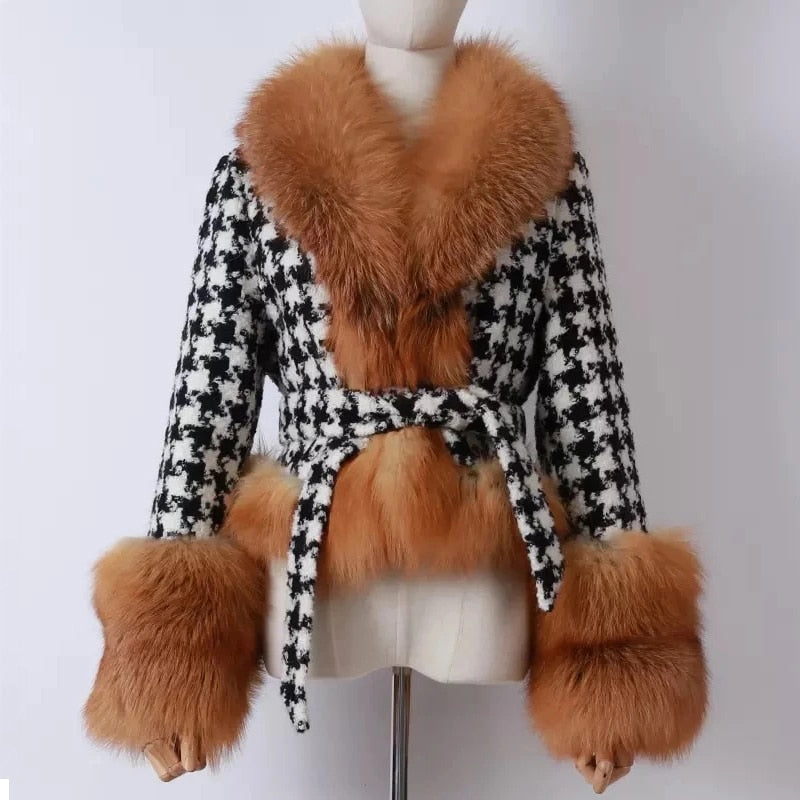 Faux Fur Collar Jackets Women Fashion Tie Belt Waist Houndstooth Coats Women Elegant Slim Short Jackets Female Ladies