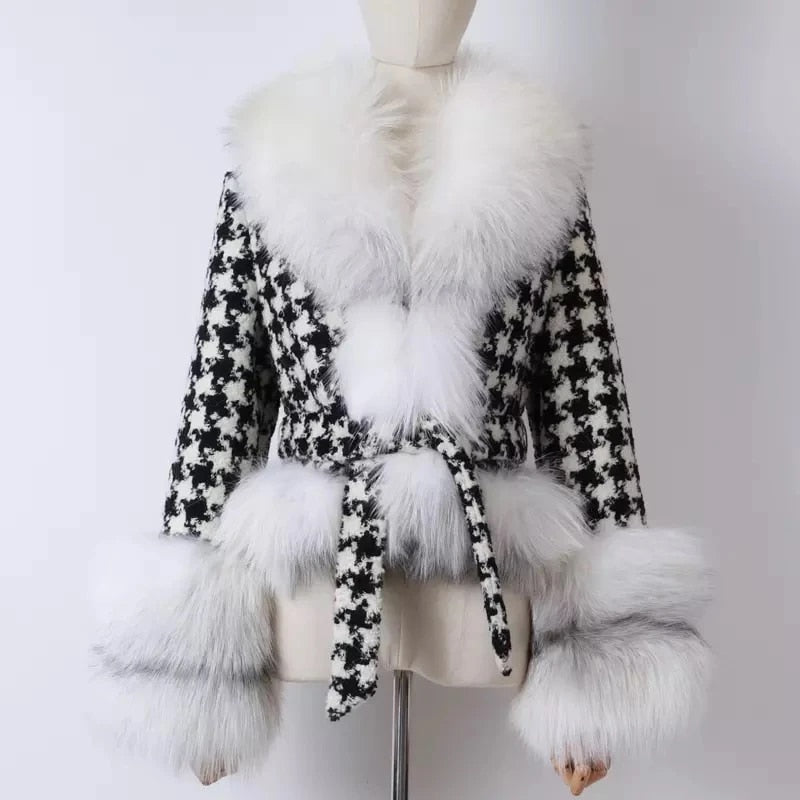 Faux Fur Collar Jackets Women Fashion Tie Belt Waist Houndstooth Coats Women Elegant Slim Short Jackets Female Ladies