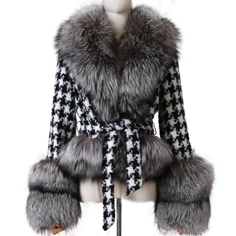 Faux Fur Collar Jackets Women Fashion Tie Belt Waist Houndstooth Coats Women Elegant Slim Short Jackets Female Ladies