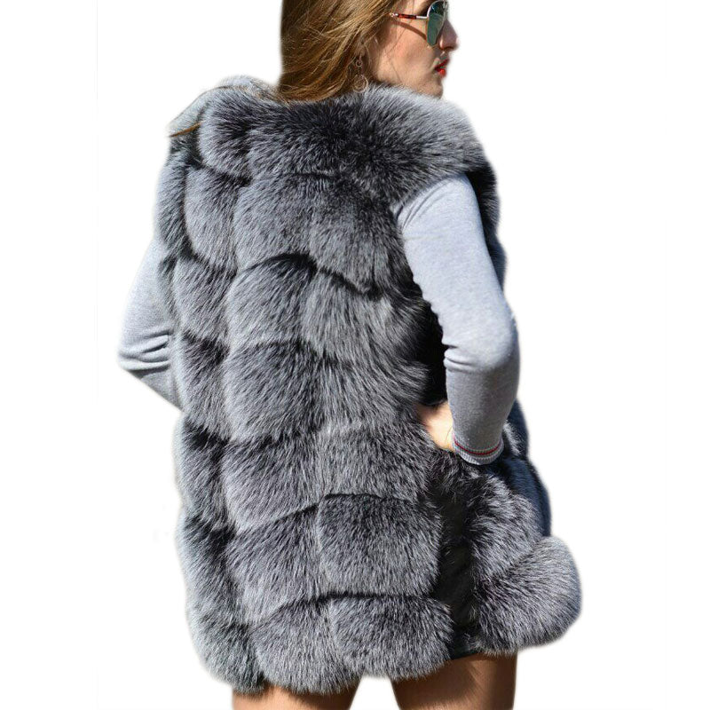 Faux Fur Factory Fox Artifical Fur Vest Women Autumn Winter Fox Faux Fur Coat Middle Long Waistcoat Female Faux Fur Vest CP01