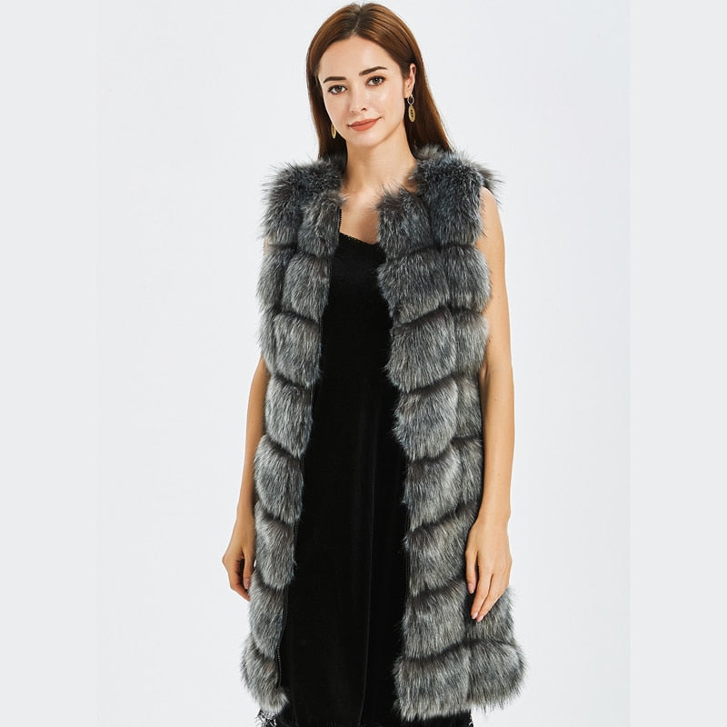 Faux Fur Factory Fox Faux Fur Vest Women Winter Warm Fox Artifical Fur Waistcoat Middle Long Coat Ladies Faux Furs Vest