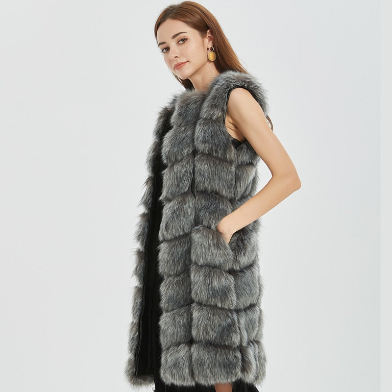 Faux Fur Factory Fox Faux Fur Vest Women Winter Warm Fox Artifical Fur Waistcoat Middle Long Coat Ladies Faux Furs Vest