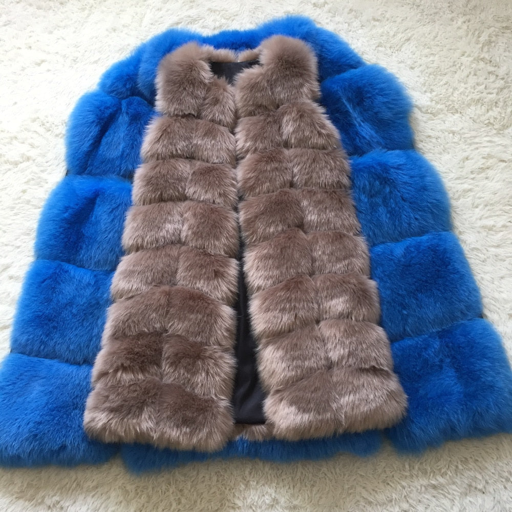 Faux Fur Factory Fox Faux Fur Vest Women Winter Warm Fox Artifical Fur Waistcoat Middle Long Coat Ladies Faux Furs Vest