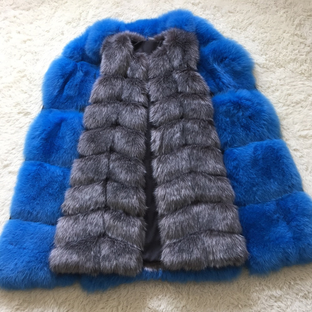 Faux Fur Factory Fox Faux Fur Vest Women Winter Warm Fox Artifical Fur Waistcoat Middle Long Coat Ladies Faux Furs Vest