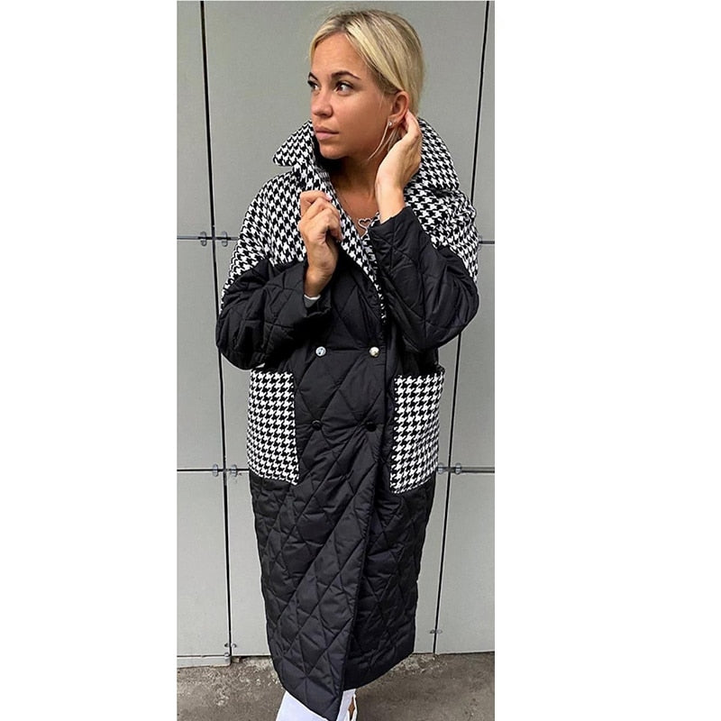 Houndstooth Parkas Women Fashion Turn Down Collar Patchwork Coats Women Elegant Side Pockets Cotton Jackets Female Ladies