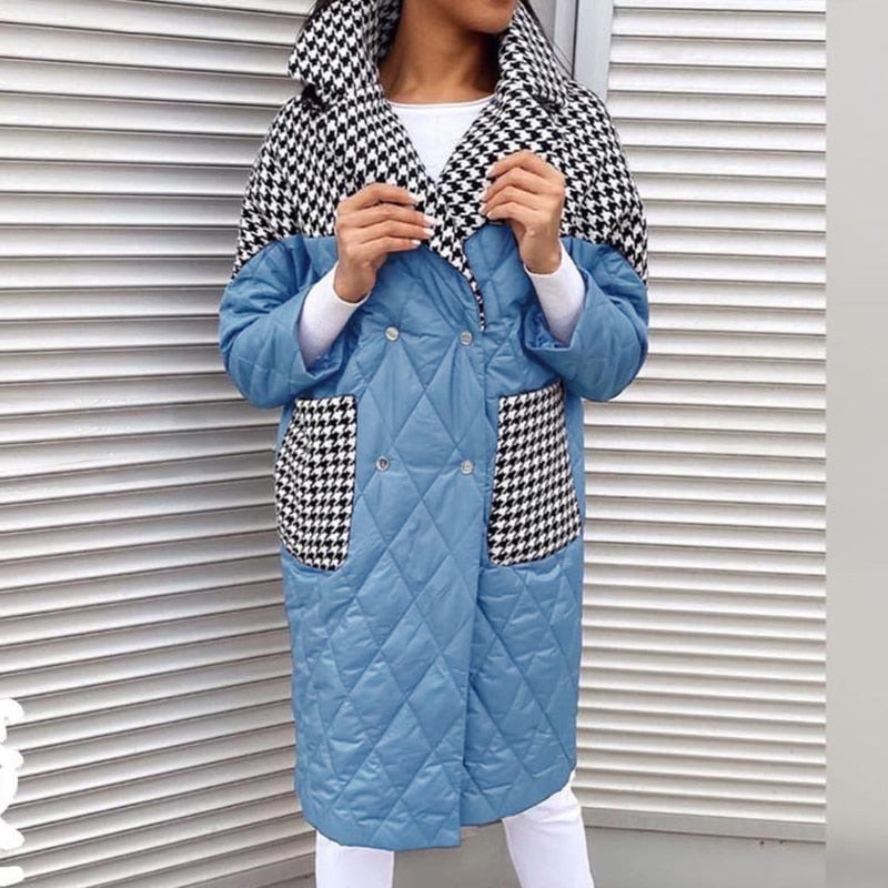 Houndstooth Parkas Women Fashion Turn Down Collar Patchwork Coats Women Elegant Side Pockets Cotton Jackets Female Ladies