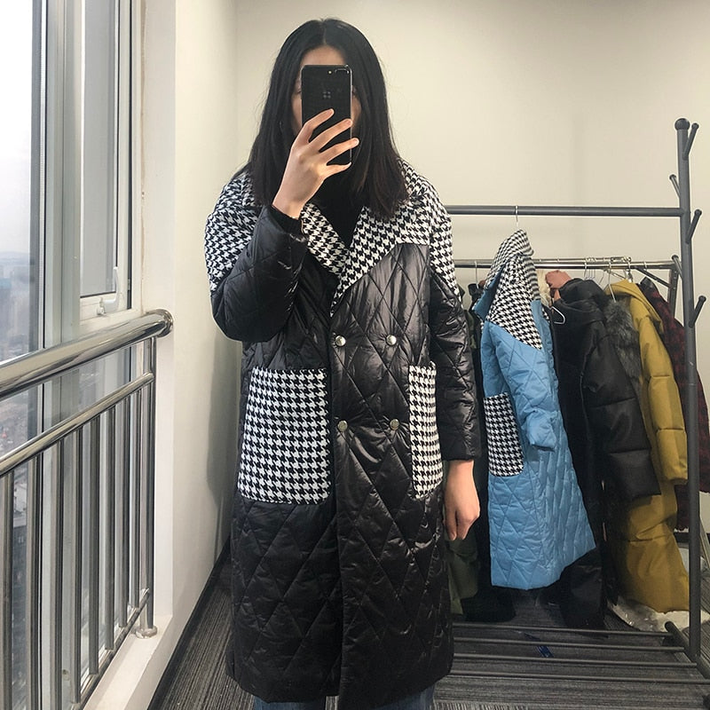 Houndstooth Parkas Women Fashion Turn Down Collar Patchwork Coats Women Elegant Side Pockets Cotton Jackets Female Ladies