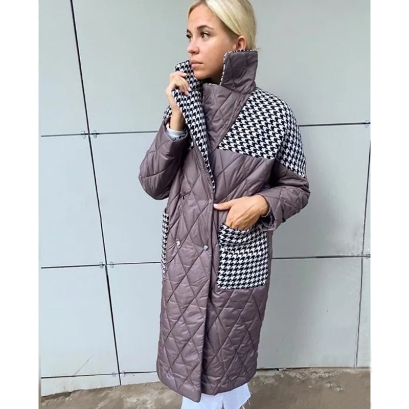 Houndstooth Parkas Women Fashion Turn Down Collar Patchwork Coats Women Elegant Side Pockets Cotton Jackets Female Ladies