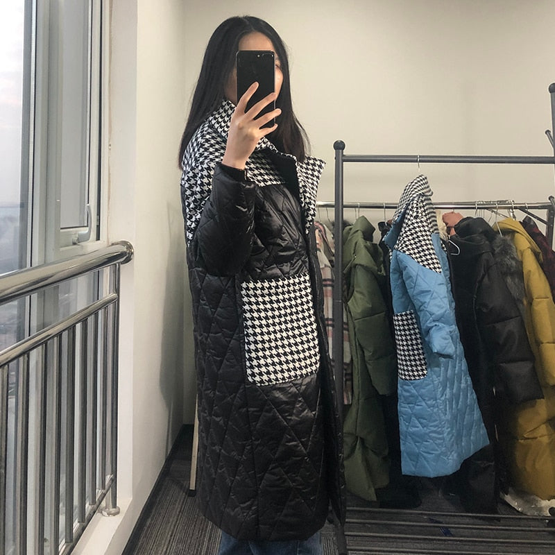 Houndstooth Parkas Women Fashion Turn Down Collar Patchwork Coats Women Elegant Side Pockets Cotton Jackets Female Ladies