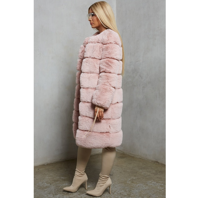 Long Faux Rabbit Fur Coats Women Fashion Covered Button Patchwork Fur Jackets Women Casual Long Jackets Female Ladies CP80