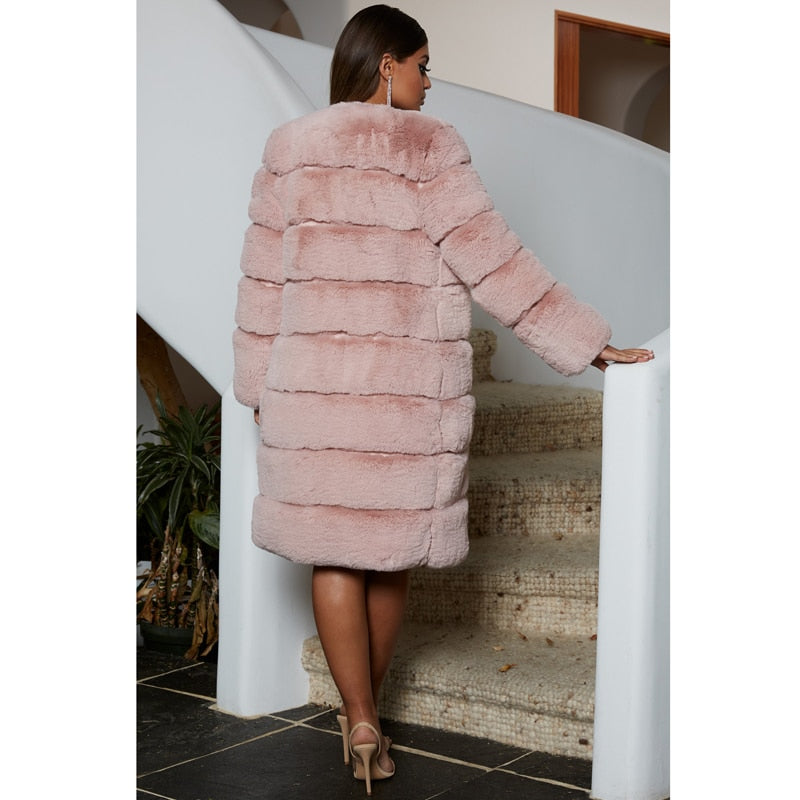 Long Faux Rabbit Fur Coats Women Fashion Covered Button Patchwork Fur Jackets Women Casual Long Jackets Female Ladies CP80