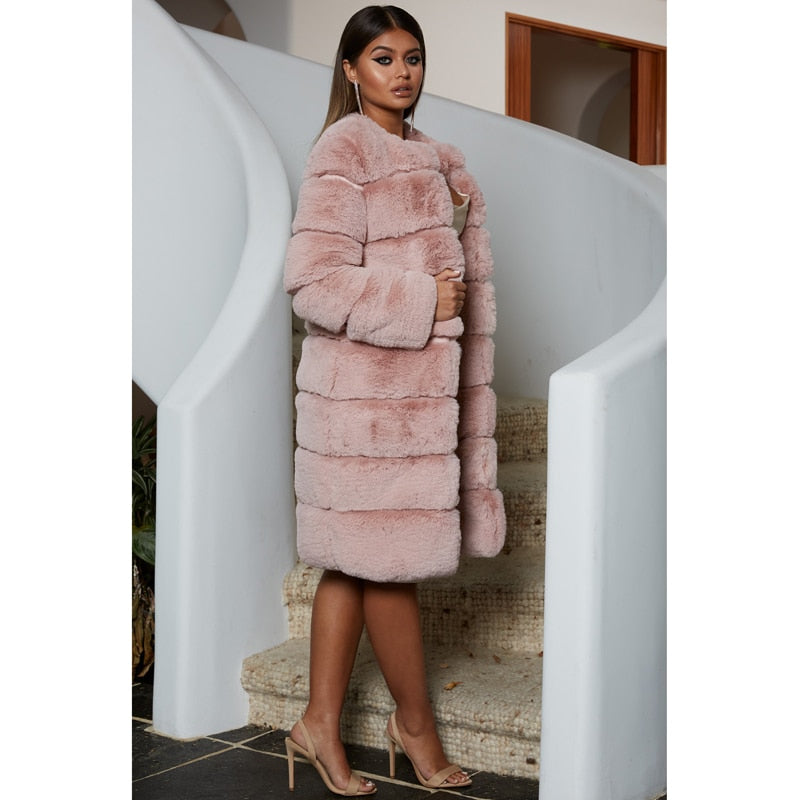 Long Faux Rabbit Fur Coats Women Fashion Covered Button Patchwork Fur Jackets Women Casual Long Jackets Female Ladies CP80