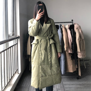 New Tie Belt Parkas Women Fashion Winter Solid Long Coats Women Elegant Covered Button Cotton Jackets Female Ladies