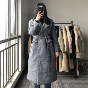 New Tie Belt Parkas Women Fashion Winter Solid Long Coats Women Elegant Covered Button Cotton Jackets Female Ladies