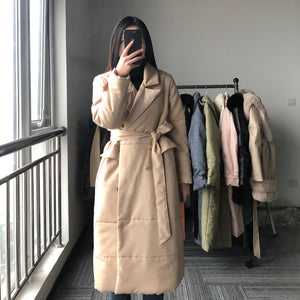 New Tie Belt Parkas Women Fashion Winter Solid Long Coats Women Elegant Covered Button Cotton Jackets Female Ladies