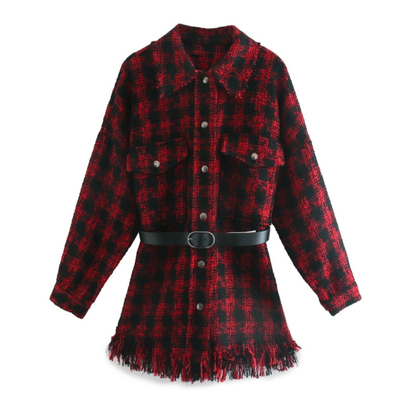 Preppy Style Turn Down Collar Blouses Women Fashion Tie Belt Waist Shirts Women Elegant Red Plaid Tops Female Ladies