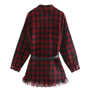 Preppy Style Turn Down Collar Blouses Women Fashion Tie Belt Waist Shirts Women Elegant Red Plaid Tops Female Ladies