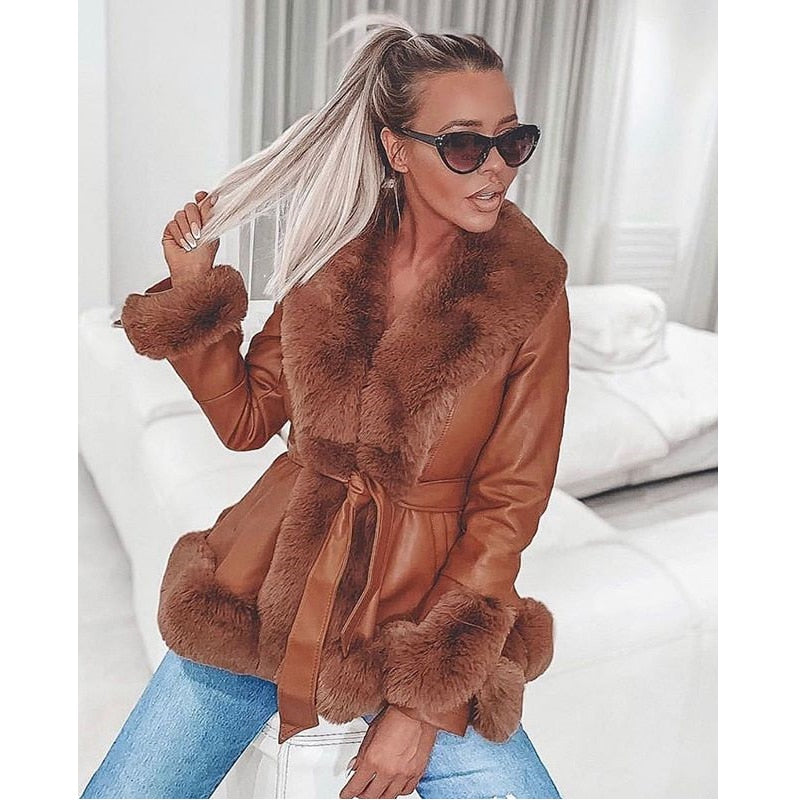 Solid Side Pockets Jackets Women Fashion PU Leather Coats Women Elegant Tie Belt Waist Faux Fur Jackets Female Ladies