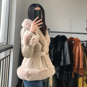 Solid Side Pockets Jackets Women Fashion PU Leather Coats Women Elegant Tie Belt Waist Faux Fur Jackets Female Ladies