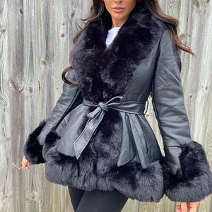 Solid Side Pockets Jackets Women Fashion PU Leather Coats Women Elegant Tie Belt Waist Faux Fur Jackets Female Ladies