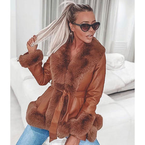 Solid Side Pockets Jackets Women Fashion PU Leather Coats Women Elegant Tie Belt Waist Faux Fur Jackets Female Ladies