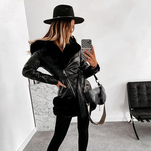 Winter Tie Belt Faux Fur Jackets Women Fashion Turn Down Collar Coats Women Elegant Solid PU Leather Jackets Female Ladies