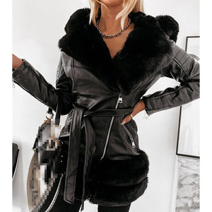 Winter Tie Belt Faux Fur Jackets Women Fashion Turn Down Collar Coats Women Elegant Solid PU Leather Jackets Female Ladies