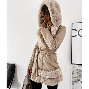 Winter Tie Belt Faux Fur Jackets Women Fashion Turn Down Collar Coats Women Elegant Solid PU Leather Jackets Female Ladies