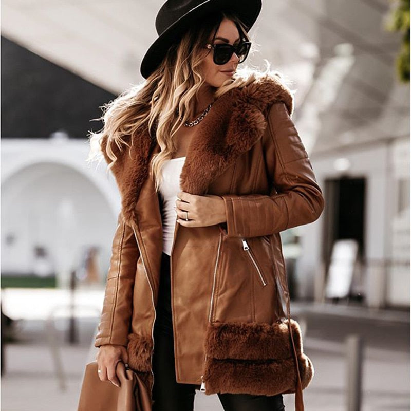 Winter Tie Belt Faux Fur Jackets Women Fashion Turn Down Collar Coats Women Elegant Solid PU Leather Jackets Female Ladies