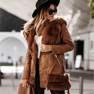 Winter Tie Belt Faux Fur Jackets Women Fashion Turn Down Collar Coats Women Elegant Solid PU Leather Jackets Female Ladies